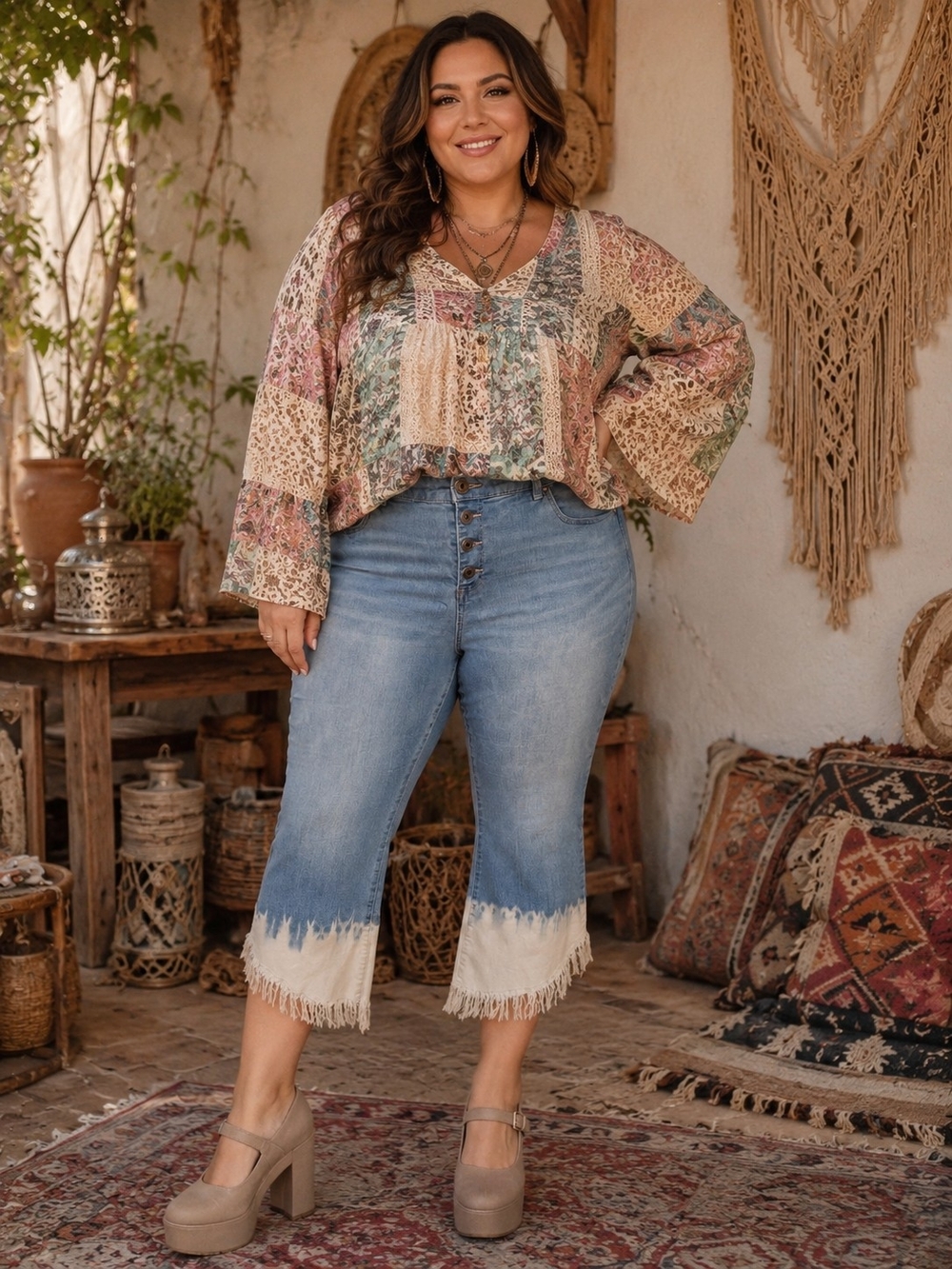 Women's High-Waist Button-Front Crop Jeans in Light Blue with Fringed Hem